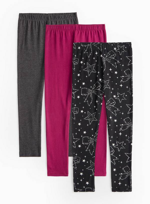 Star Bow Print & Plain Leggings 3 Pack 5 years